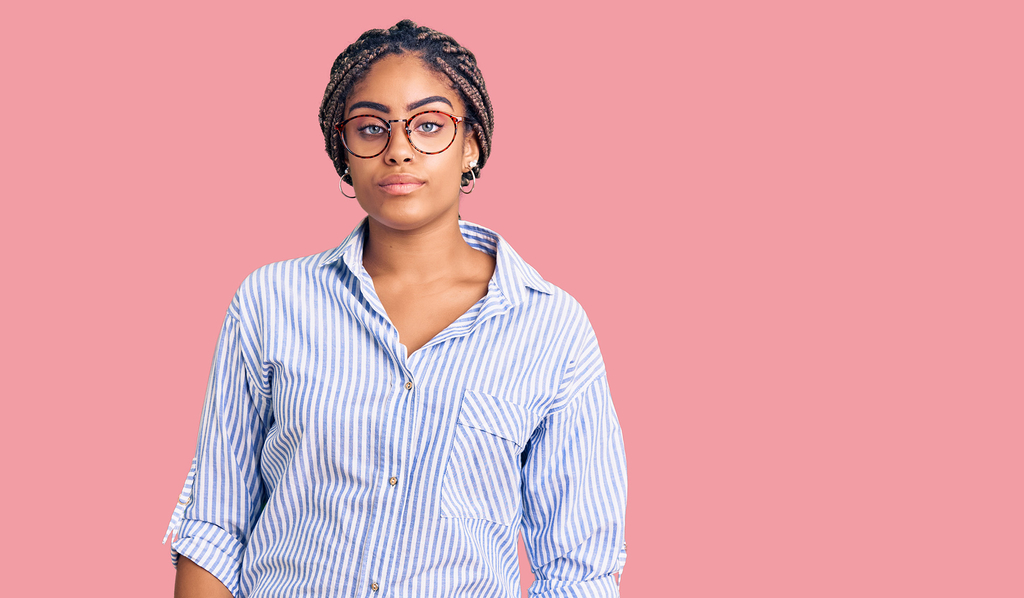 a decorative element depicting a young African American woman wearing glasses