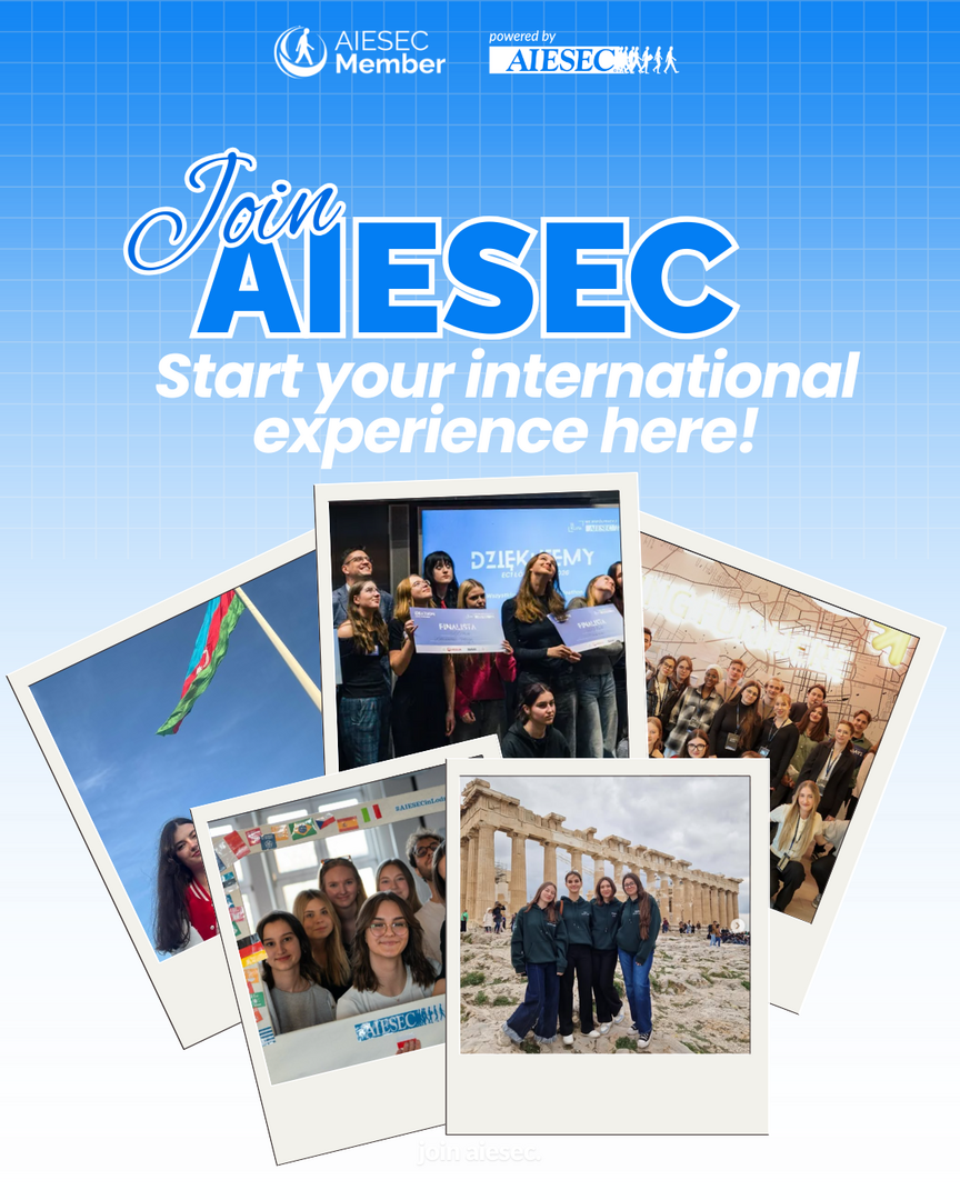 Promotional graphic AIESEC on a light blue grid background with logo “AIESEC Member” and “Join AIESEC” slogan “Start your international experience here!”. Below, collage of Polaroid-style photos showing groups of young people at events, holding certificates, standing together indoors, and visiting international locations including a monument resembling ancient Greek ruins and a national flag. Promotional graphic AIESEC on a light blue grid background with logo “AIESEC Member” and “Join AIESEC” slogan “Start your international experience here!”. Below, collage of Polaroid-style photos showing groups of young people at events, holding certificates, standing together indoors, and visiting international locations including a monument resembling ancient Greek ruins and a national flag.