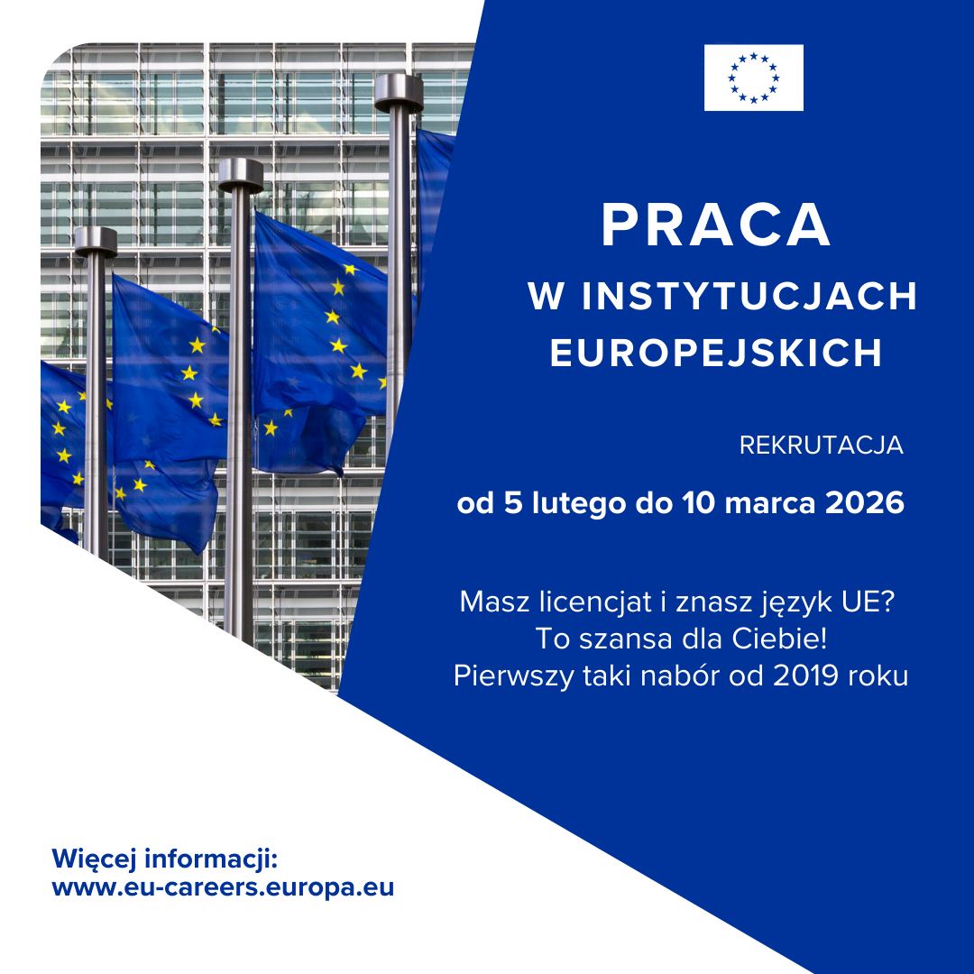 Grafika promująca rekrutację do instytucji Unii Europejskiej. Po lewej stronie widoczne są powiewające flagi UE na tle nowoczesnego szklanego budynku. Po prawej stronie, na niebieskim tle z emblematem UE, znajduje się tekst informujący o naborze od 5 lutego do 10 marca 2026 roku, skierowanym do osób z dyplomem licencjata i znajomością języka urzędowego UE. Podany jest adres strony: www.eu-careers.europa.eu.
