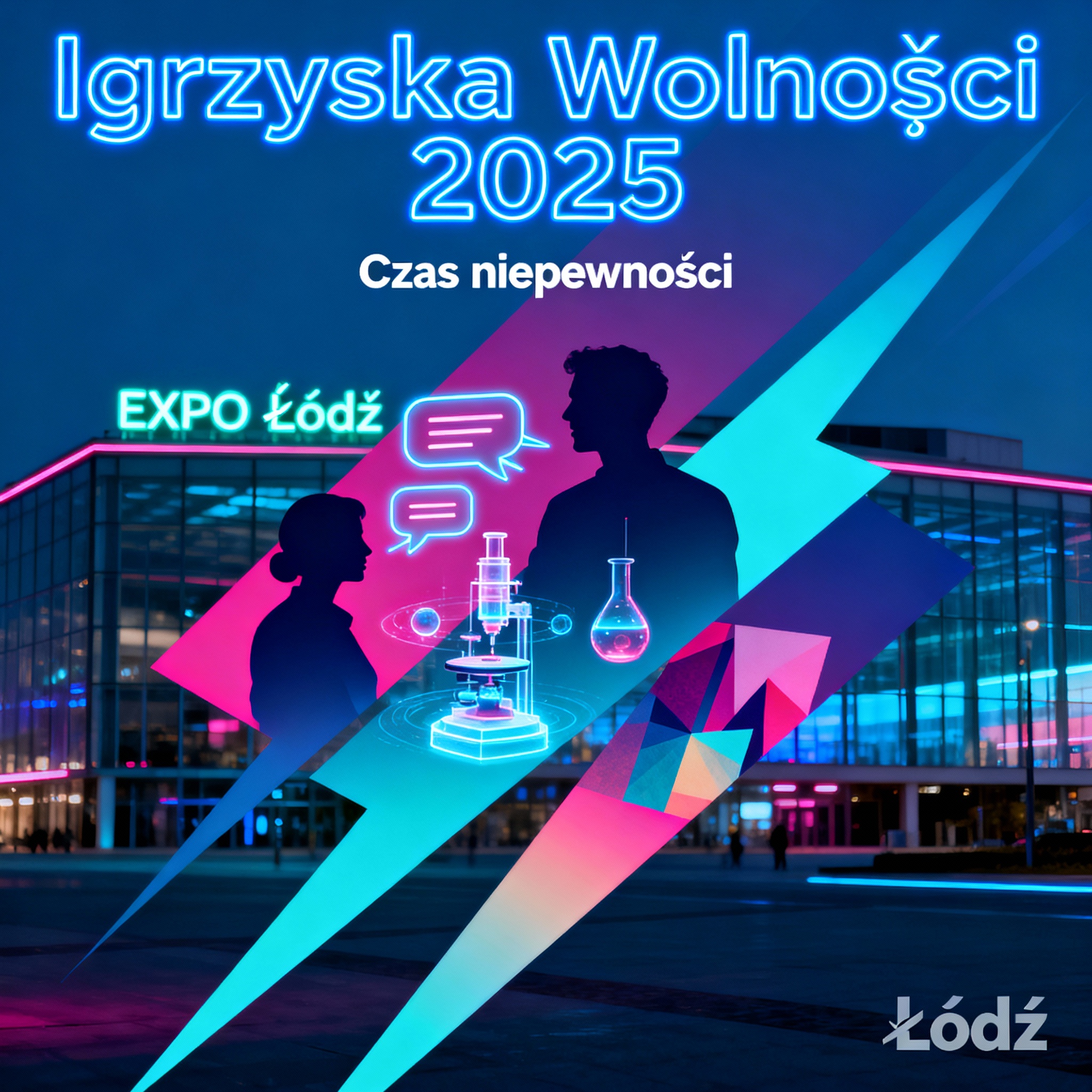 Futurystyczna kompozycja promująca Igrzyska Wolności 2025 w Łodzi przedstawia dynamiczne połączenie symboli nauki, sztuki i debaty publicznej. Na pierwszym planie znajdują się ludzie w trakcie dyskusji, a w tle widoczne są nowoczesne budynki EXPO Łódź otoczone abstrakcyjnymi elementami nawiązującymi do przemiany i niepewności – rozproszone światło, geometryczne kształty oraz pulsujące linie oddające temat przewodni „Czas niepewności”. Kolorystyka utrzymana jest w chłodnych, kontrastowych barwach, podkreślających intelektualny i inspirujący charakter wydarzenia.