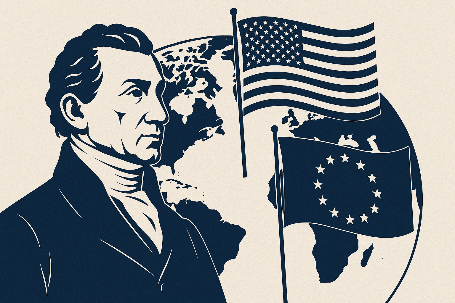 Minimalistyczna grafika w odcieniach granatu i bieli przedstawiająca abstrakcyjne symbole stosunków międzynarodowych. Na tle delikatnie zarysowanej mapy świata widoczne są geometryczne linie, kontury kontynentów oraz stylizowane motywy dyplomatyczne.