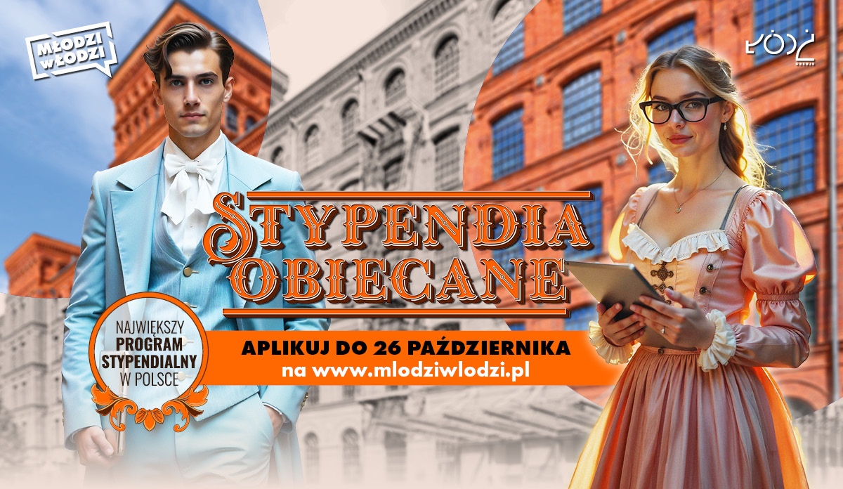 Plakat promujący program stypendialny „Stypendia Obiecane” przedstawia dwie młode osoby w stylizowanych, eleganckich strojach retro, stojące przed zabytkowym budynkiem z czerwonej cegły, przypominającym gmach uczelni. Mężczyzna ubrany jest w jasny garnitur z krawatem, a kobieta ma na sobie brzoskwiniową suknię z gorsetem i okulary, trzymając w dłoni tablet — symbol nowoczesności w klasycznym otoczeniu. Tło podkreśla akademicki klimat, łącząc tradycję z innowacją.