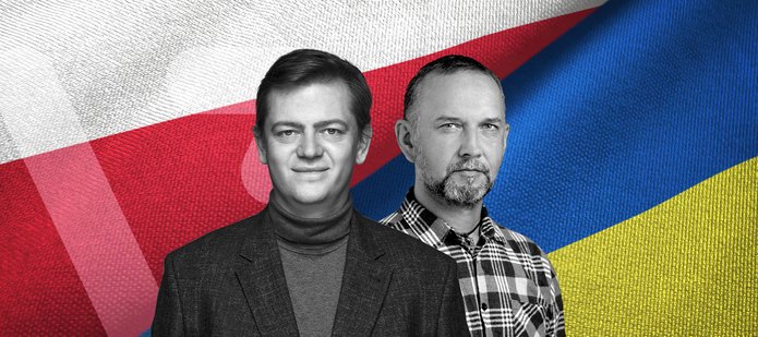 Scientists in front of the Polish and Ukrainian flags