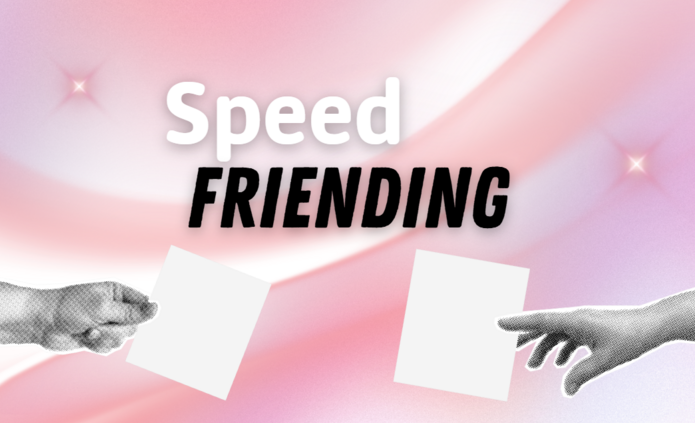 Dwie dłonie podające sobie kartki, napis Speed Friending