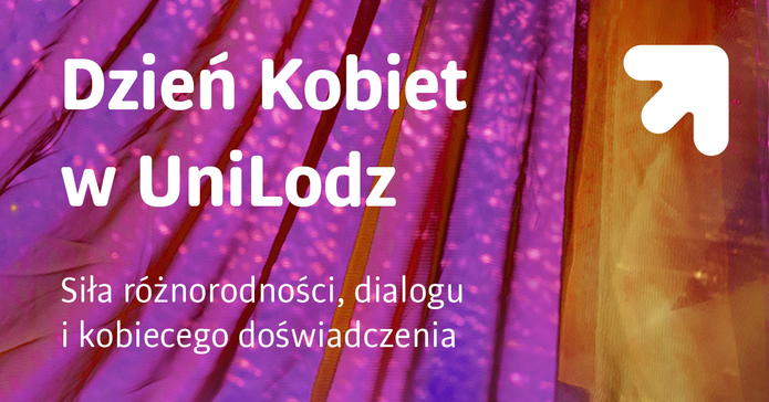 Grafika przedstawiająca abstrakcję przypominającą fragment tiulu w różnych odcieniach fioletu, z napisem mówiącym o dniu kobiet 