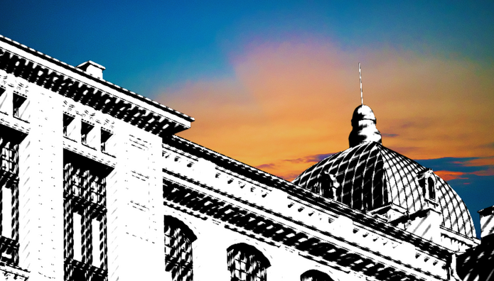 kolorowa grafika przedstrawiająca zdjęcie budynku Rektoratu Uniwersytetu Łódzkiego