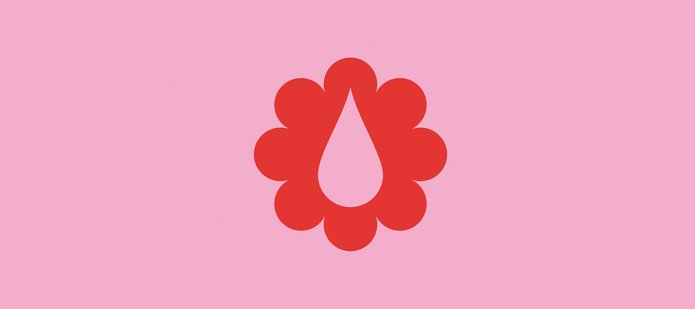 A graphic with a red flower with a pink drop inside it, on a pink background