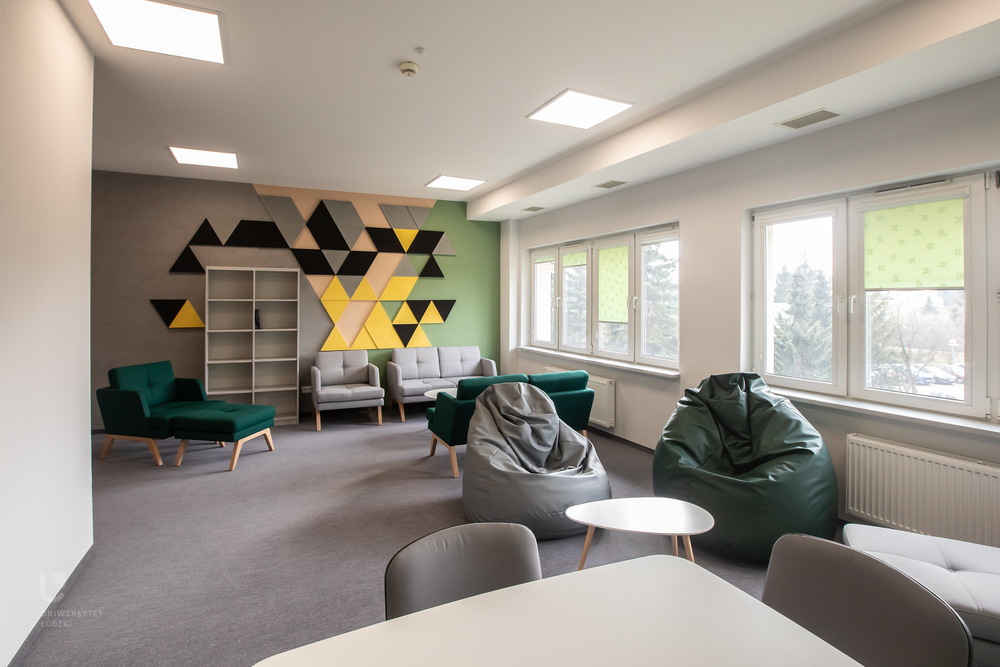 the relaxation room equipped with armchairs, pouffes, sofas and footstools