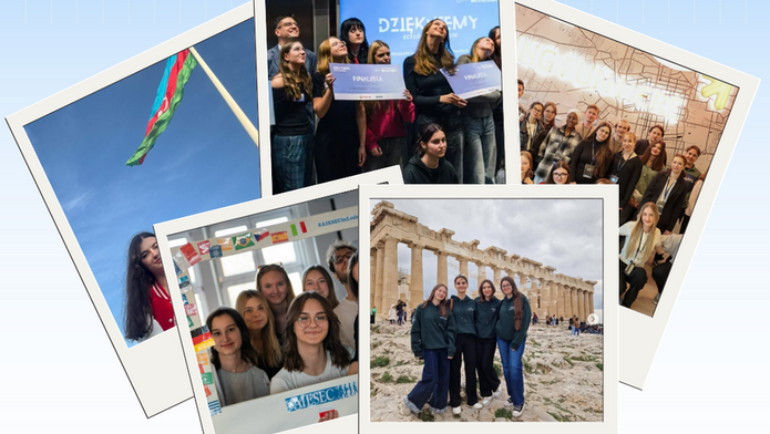 [Translate to English:] Promotional graphic AIESEC on a light blue grid background with logo “AIESEC Member” and “Join AIESEC” slogan “Start your international experience here!”. Below, collage of Polaroid-style photos showing groups of young people at events, holding certificates, standing together indoors, and visiting international locations including a monument resembling ancient Greek ruins and a national flag.