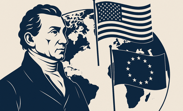 Minimalistyczna grafika w odcieniach granatu i bieli przedstawiająca abstrakcyjne symbole stosunków międzynarodowych. Na tle delikatnie zarysowanej mapy świata widoczne są geometryczne linie, kontury kontynentów oraz stylizowane motywy dyplomatyczne.