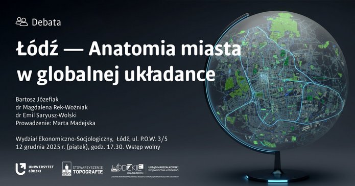 Baner informacyjny o wydarzeniu. Główny element to globus wypełniony w całości mapą Łodzi