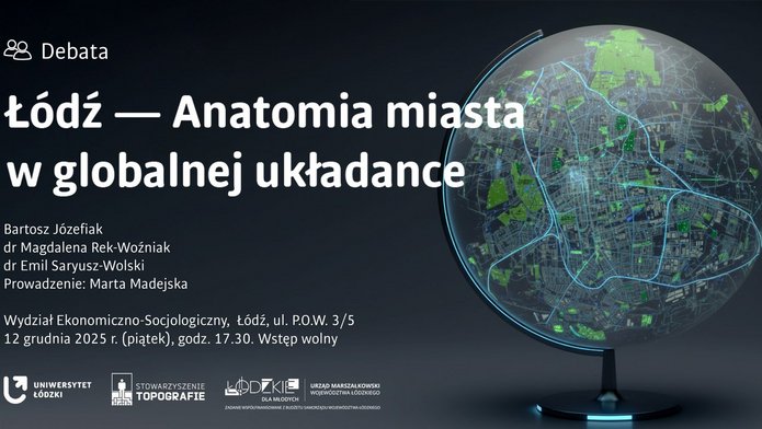 Baner informacyjny o wydarzeniu. Główny element to globus wypełniony w całości mapą Łodzi