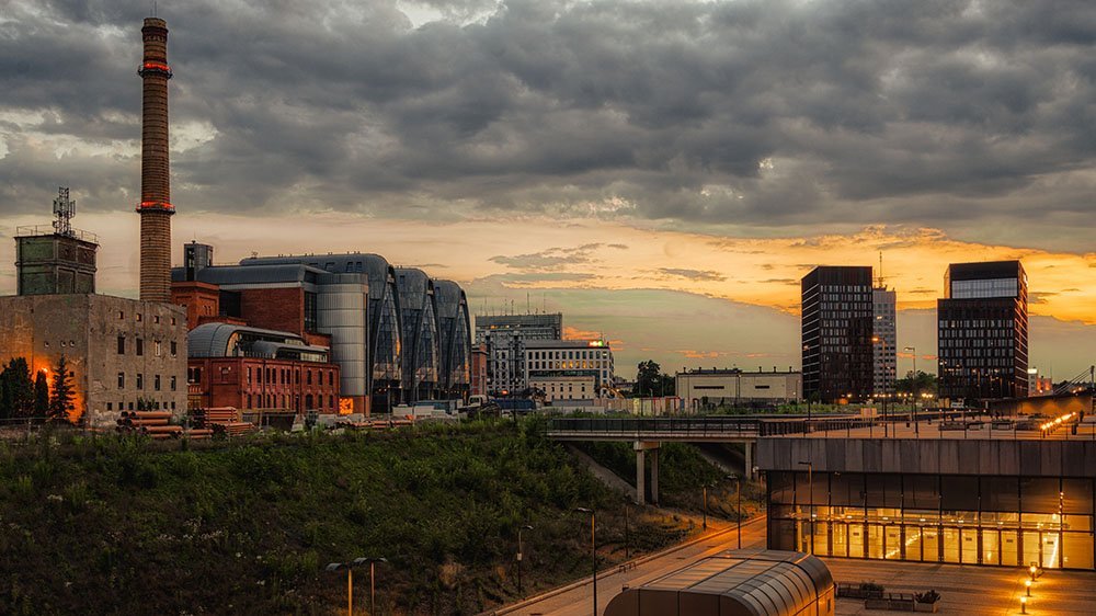 a decorative element: a photo of Lodz in the evening