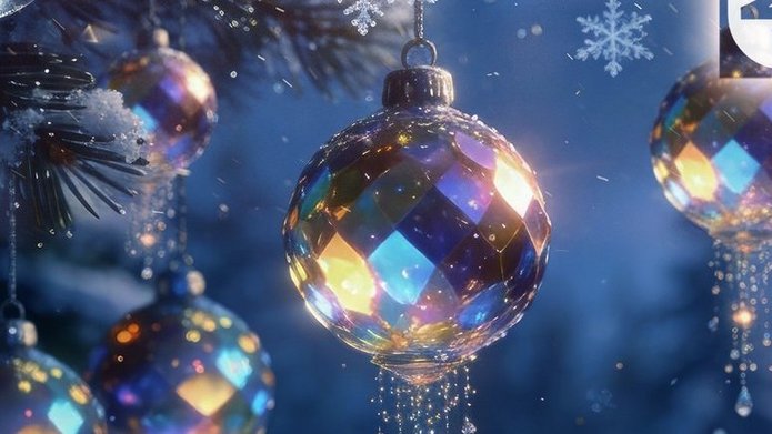 Kartka świąteczna Wydziału Studiów Międzynarodowych i Politologicznych Uniwersytetu Łódzkiego. Przedstawia kolorowe, błyszczące bombki zawieszone na ośnieżonej gałęzi sosny, z płatkami śniegu i wstążkami w tle. Na dole widnieją życzenia świąteczne od dziekana dr. hab. Ryszarda Machnikowskiego, prof. UŁ, oraz logo wydziału.