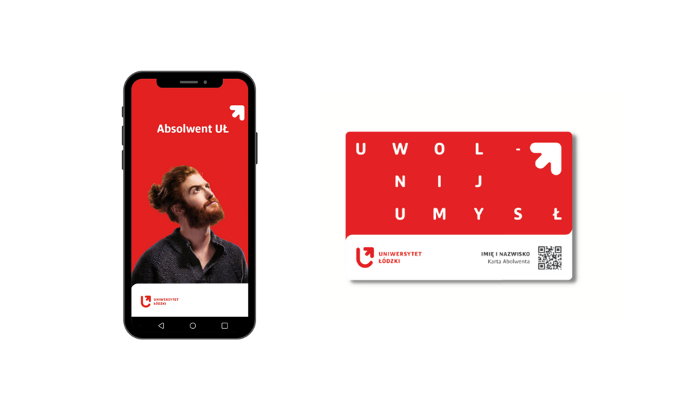 smartphone with the Graduate of the University of Lodz application on the left, plastic red and white Alumni Card on the right