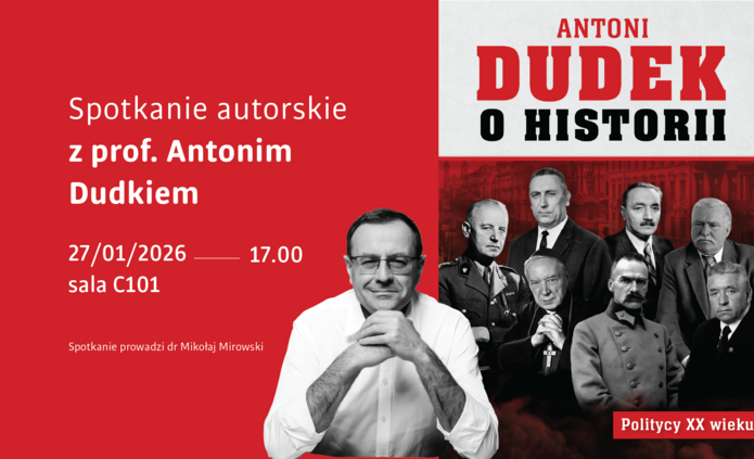 plakat spotkania, zdjęcie profesora oraz okładki