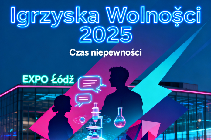 Futurystyczna kompozycja promująca Igrzyska Wolności 2025 w Łodzi przedstawia dynamiczne połączenie symboli nauki, sztuki i debaty publicznej. Na pierwszym planie znajdują się ludzie w trakcie dyskusji, a w tle widoczne są nowoczesne budynki EXPO Łódź otoczone abstrakcyjnymi elementami nawiązującymi do przemiany i niepewności – rozproszone światło, geometryczne kształty oraz pulsujące linie oddające temat przewodni „Czas niepewności”. Kolorystyka utrzymana jest w chłodnych, kontrastowych barwach, podkreślających intelektualny i inspirujący charakter wydarzenia.