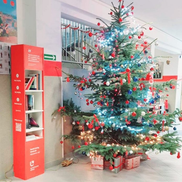 Zdjęcie przedstawia korytarz w szkole. Stoi choinka. Obok niej stoi czerwony regał z książkami. 