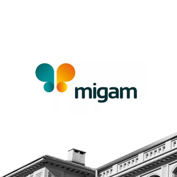 Grafika przedstawia fragment budynku rektoratu UŁ z logo Migam