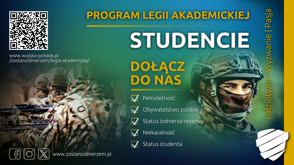 Grafika przedstawia żołnierza w mundurze i napisy o naborze do Szkoły Legii Akademickiej 