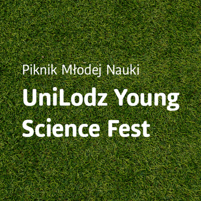 Grafika przedstawia trawnik z napisem Piknik Młodej Nauki UniLodz Young Science Fest