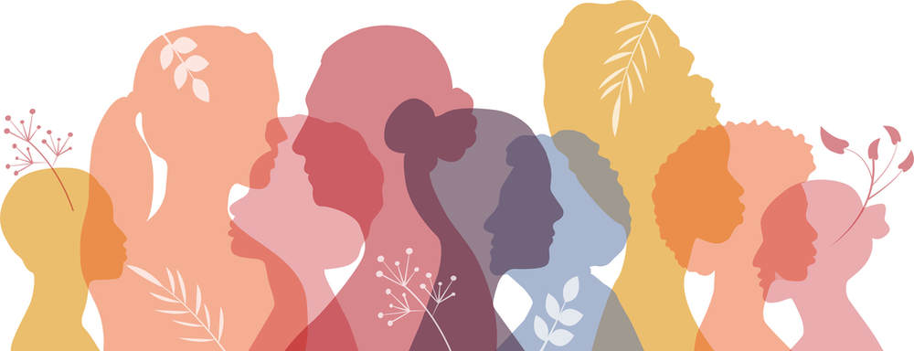 Kobiety różnych grup etnicznych razem. Kolorowe obrysy głów kobiecych.