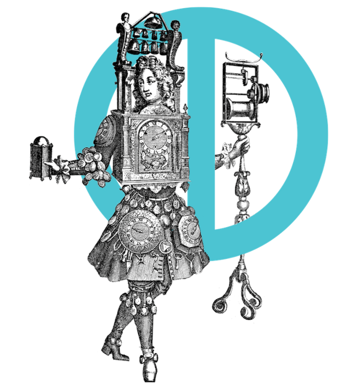 Obrazek jest rysunkiem, który przedstawia postać stylizowaną na epokę baroku, zamkniętą wewnątrz zegara. Wyraz twarzy postaci jest pogodny, postać jest zainteresowana tym, co ma na sobie. Trzyma w dłoni zegar, a w drugiej dłoni jakąś dziwną konstrukcję.