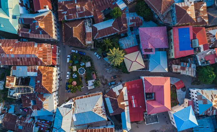 Aerial. Stone town, Zanzibar, Tanzania. Stone town z lotu ptaka