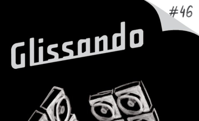 kładka magazynu Glissando nr 46 z czarnym tłem i centralną abstrakcyjną grafiką przypominającą spiralę z białych, głośnikopodobnych elementów. Pod grafiką widoczny napis ‘POLITYCZNOŚĆ / THE POLITICAL’ oraz informacja, że to magazyn o muzyce współczesnej i sound studies.