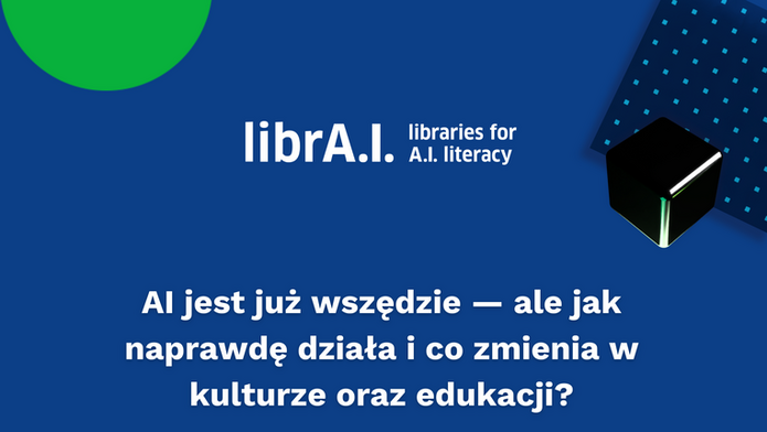 Plakat promujący wydarzenie „librA.I. – libraries for A.I. literacy” na granatowym tle z elementami graficznymi w kolorze zielonym i czarnym (m.in. abstrakcyjna bryła i kropkowany wzór). W centralnej części znajduje się duży napis: „AI jest już wszędzie — ale jak naprawdę działa i co zmienia w kulturze oraz edukacji?”. Poniżej tekst zaproszenia na spotkanie obejmujące rozmowy, pokazy i praktyczne przykłady zastosowania sztucznej inteligencji. Widoczne hasło „DOŁĄCZ DO NAS!” oraz informacje o wydarzeniu: 9 czerwca, godz. 9:00, Mediateka MeMo, ul. Moniuszki 5, Łódź. Po prawej stronie znajduje się kod QR. Na dole umieszczone są logotypy organizatorów i partnerów, w tym Biblioteki Miejskiej w Łodzi, FARI, Goethe-Institut, Muntpunt oraz informacja o współfinansowaniu przez Unię Europejską.