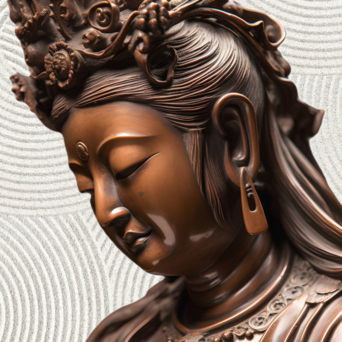 Buddyjski posążek, lewy profil kobiecej twarzy.