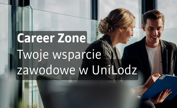Grafika promująca Career Zone – profesjonalne wsparcie kariery. Kobieta i mężczyzna w biznesowych strojach rozmawiają w nowoczesnym wnętrzu, wspólnie przeglądając dokumenty w niebieskiej teczce. Na grafice widnieje napis: „Career Zone. Profesjonalne wsparcie Twojej kariery”.