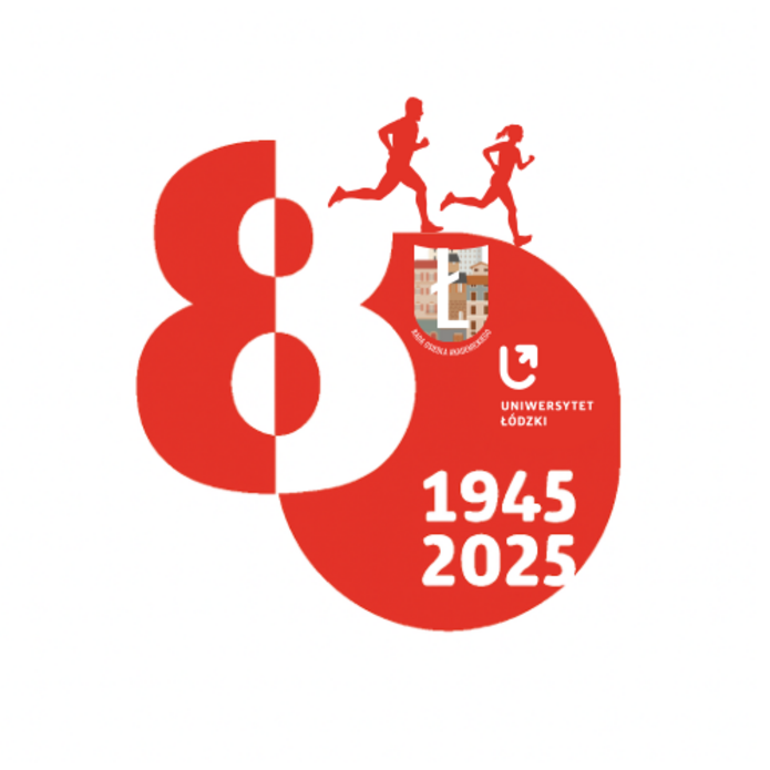a whoite and red graphic of the event as part of the 80th Anniversary of the University of Lodz