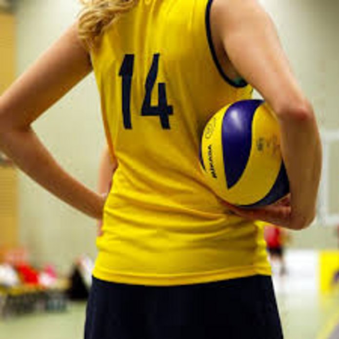 The back of a female basketball player holding the ball