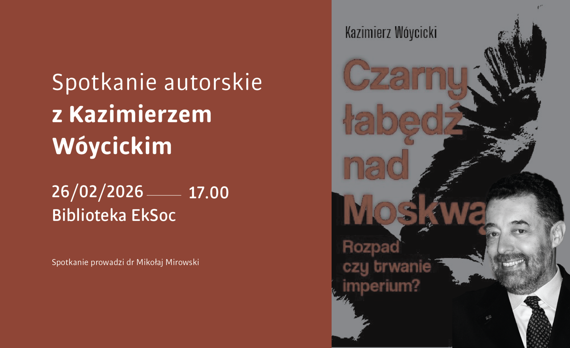 Okładka książki wraz ze zdjęciem autora, na okładce skrzydło czarnego łabędzia