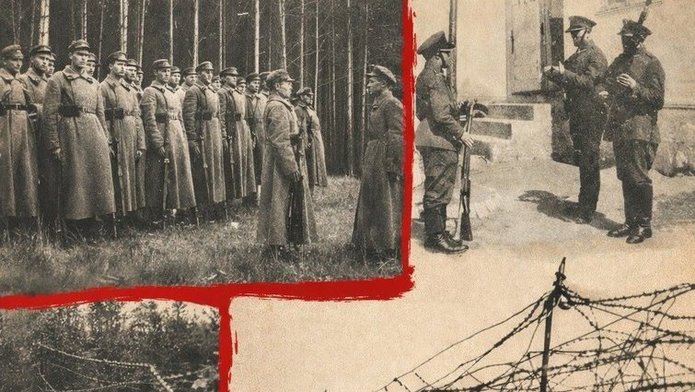 Plakat promujący wykład pt. „Historia granicy polsko-radzieckiej na Białorusi w latach 1921–1939. Ludzie, wydarzenia, fakty”. Na beżowym tle umieszczono trzy czarno-białe fotografie: żołnierzy stojących w lesie w szeregu, grupy żołnierzy przy budynku oraz fragmentu granicy z drutem kolczastym. Na dole znajdują się informacje o wydarzeniu: data 16 kwietnia 2026, godz. 15.15, miejsce – Wydział Studiów Międzynarodowych i Politologicznych UŁ, sala A3.