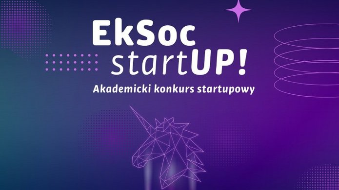 Grafika promująca VI edycję akademickiego konkursu startupowego „EkSoc startUP!”. Na tle w odcieniach fioletu i granatu widnieje biały napis: „EkSoc startUP! Akademicki konkurs startupowy” oraz hasło „Weź udział w VI edycji”. W centralnej części znajduje się stylizowany, geometryczny zarys głowy jednorożca w formie świetlistej, holograficznej figury. W dolnej części umieszczono logotypy: Wydziału Ekonomiczno-Socjologicznego Uniwersytetu Łódzkiego, Rady Biznesu Wydziału Ekonomiczno-Socjologicznego UŁ oraz SKN Inwestor
