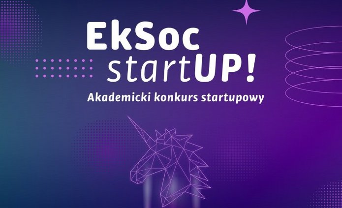 Grafika promująca VI edycję akademickiego konkursu startupowego „EkSoc startUP!”. Na tle w odcieniach fioletu i granatu widnieje biały napis: „EkSoc startUP! Akademicki konkurs startupowy” oraz hasło „Weź udział w VI edycji”. W centralnej części znajduje się stylizowany, geometryczny zarys głowy jednorożca w formie świetlistej, holograficznej figury. W dolnej części umieszczono logotypy: Wydziału Ekonomiczno-Socjologicznego Uniwersytetu Łódzkiego, Rady Biznesu Wydziału Ekonomiczno-Socjologicznego UŁ oraz SKN Inwestor