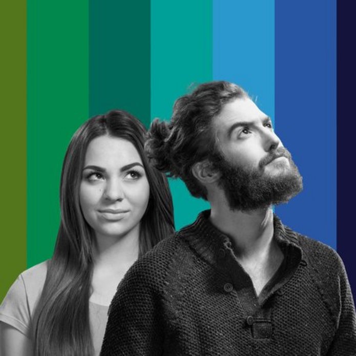 Students - a girl and a boy against the background of colourful stripes