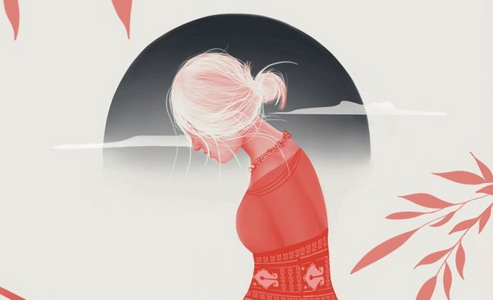 [Translate to English:] Okładka książki „Najczarniejszy miesiąc w życiu Magi Dieli” autorstwa Dian Purnomo, w przekładzie Marianny Lis. Ilustracja przedstawia kobietę o białych włosach, ubraną w czerwony tradycyjny strój, siedzącą w zamyślonej pozie z pochyloną głową i dłońmi opartymi na kolanach. Tło w odcieniach bieli i szarości, z czerwonymi liśćmi otaczającymi górną i boczne krawędzie, tworzy wyrazisty kontrast kolorystyczny. Styl graficzny sugeruje tematykę introspekcji, tradycji i emocjonalnych przeżyć.