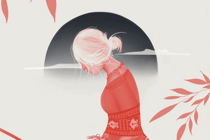 [Translate to English:] Okładka książki „Najczarniejszy miesiąc w życiu Magi Dieli” autorstwa Dian Purnomo, w przekładzie Marianny Lis. Ilustracja przedstawia kobietę o białych włosach, ubraną w czerwony tradycyjny strój, siedzącą w zamyślonej pozie z pochyloną głową i dłońmi opartymi na kolanach. Tło w odcieniach bieli i szarości, z czerwonymi liśćmi otaczającymi górną i boczne krawędzie, tworzy wyrazisty kontrast kolorystyczny. Styl graficzny sugeruje tematykę introspekcji, tradycji i emocjonalnych przeżyć.