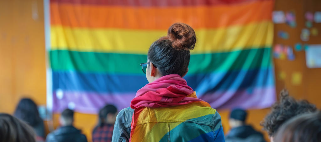 A person with a rainbow flag on their shoulders seen from behind with a rainbow flag in the background